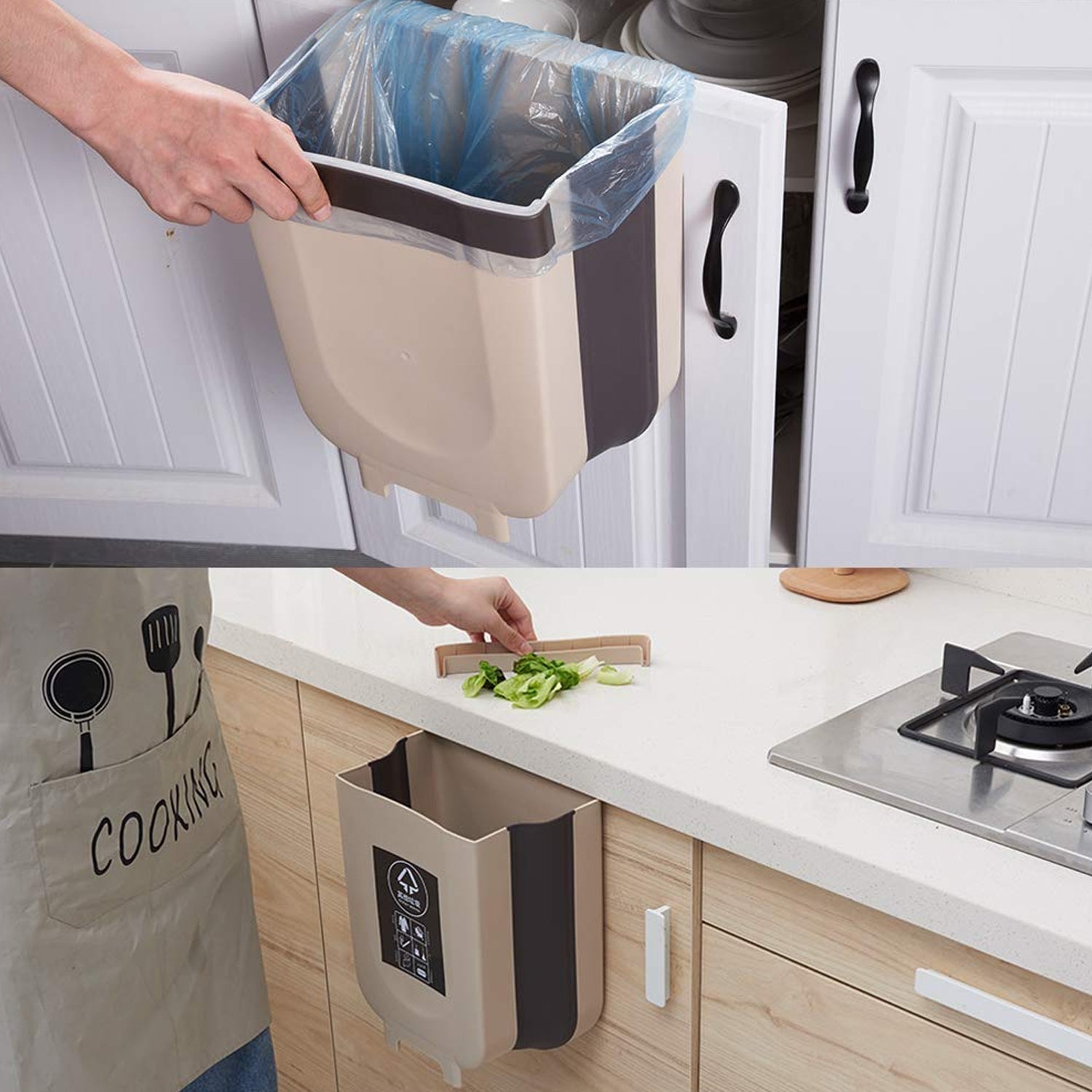 Collapsible hanging trash can for kitchen cabinet. Collapsible hanging trash can for kitchen cabinet.